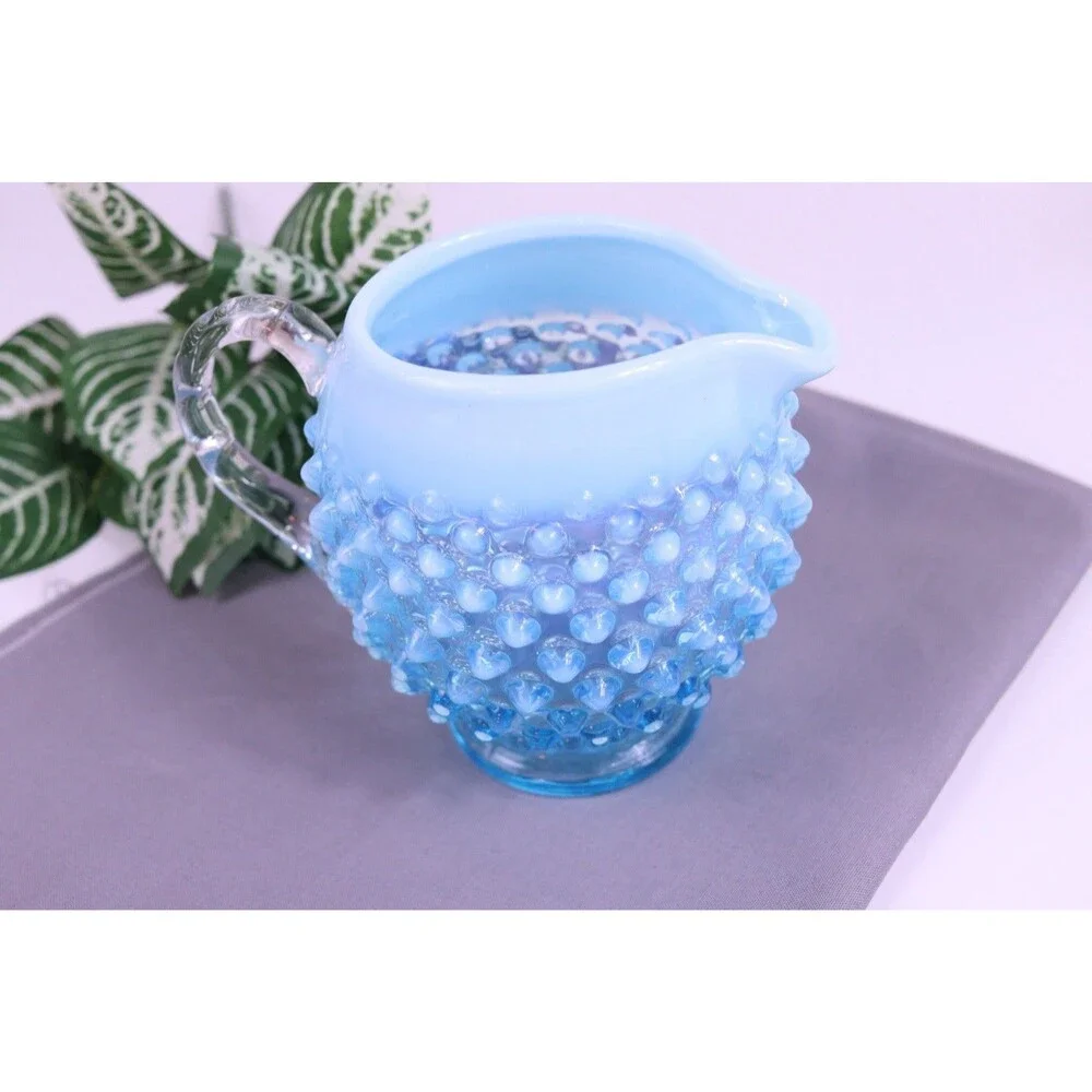 Fenton Hobnail Glass Aqua Blue Opalescent Squat Jug Small Pitcher 5
